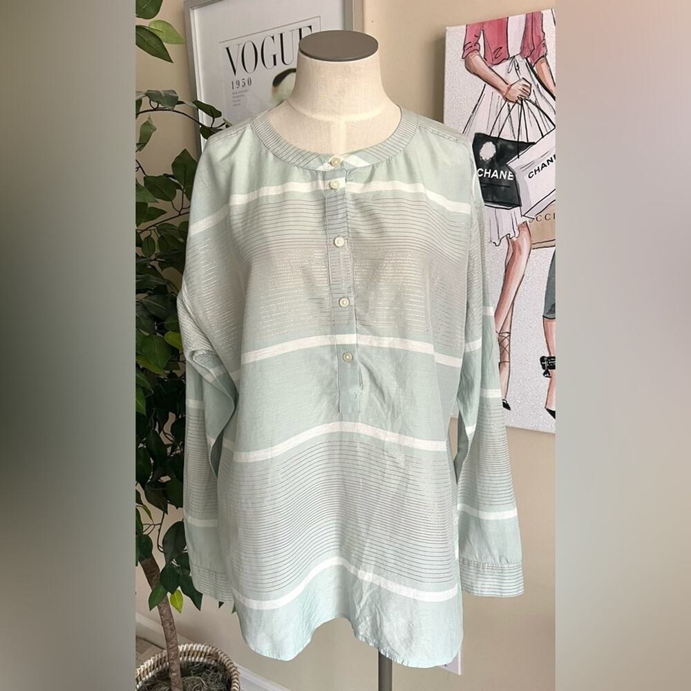Loft Womens Softened Metallic Striped Mint Green Popover Top Size Small